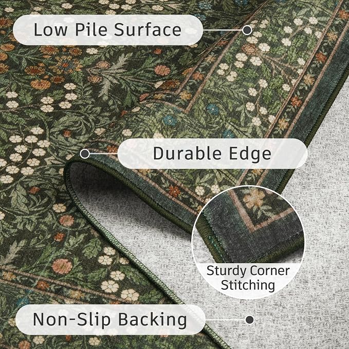 DCX Green 5x7 Area Rug, Machine Washable Non Slip Stain Resistant Soft Vintage - Image 6