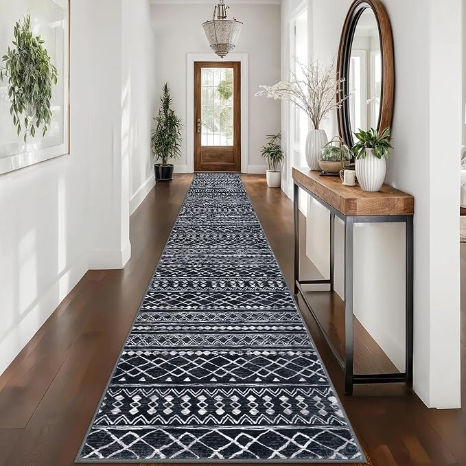 KUTA Long Hallway Runner Rug 2.6x16 Non-Slip Washable, Moroccan Vintage Black by KUTA