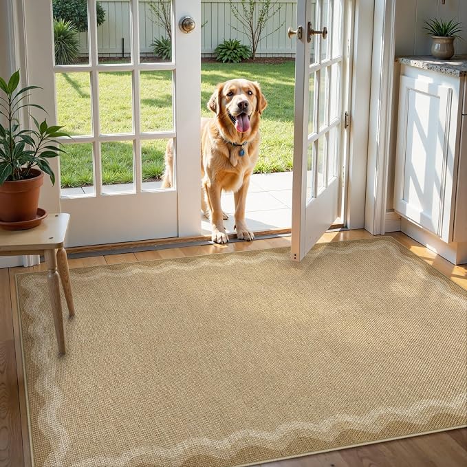 LIVEBOX Scalloped Washable 3x5 Outdoor Rug, Easy Jute Geometric Tan Rug - Image 9