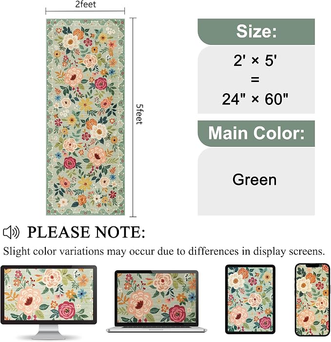 DUKINO 2x5 Runner Rug for Hallway, Washable Kitchen Floral Runner Rug - Image 2