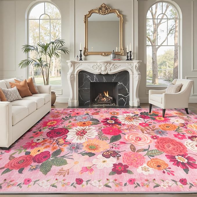 Pink Area Rugs 9x12 Washable Non Slip Floral Low Pile Large Rug by WelcometoBabovid