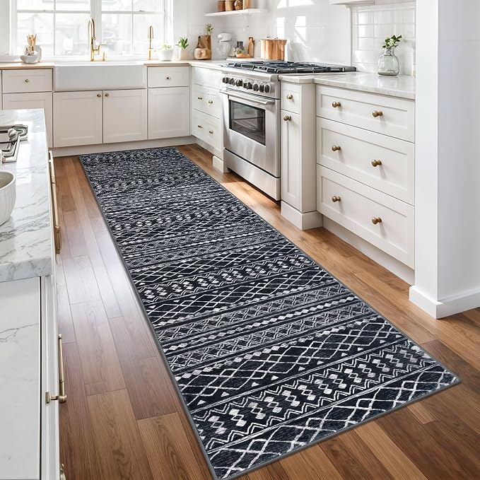 KUTA Moroccan Boho Runner Rug 2.6x10 Non-Slip Vintage Black Washable Hallway - Image 2
