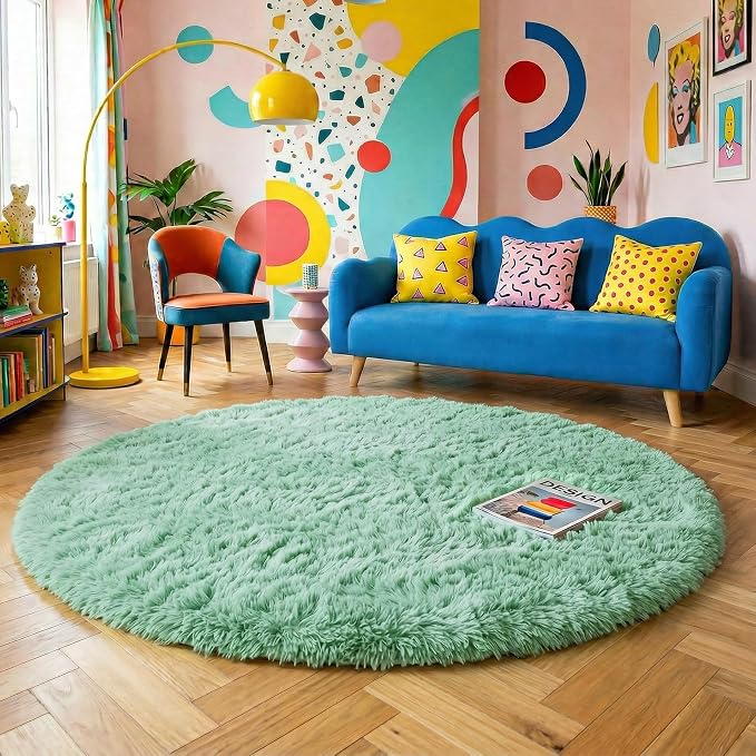 Amdrebio Sage Green Round Rugs 5Ft by Amdrebio