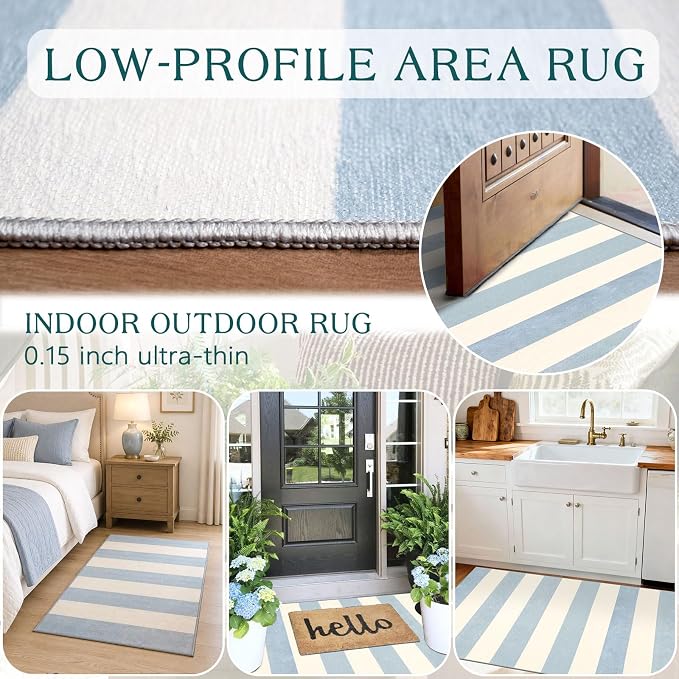Blue White Striped Outdoor Rug - Image 5