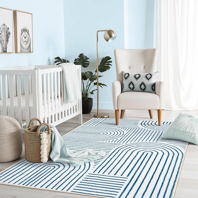 Lahome Abstract Washable Rugs, 4x6 Blue Rug by Lahome
