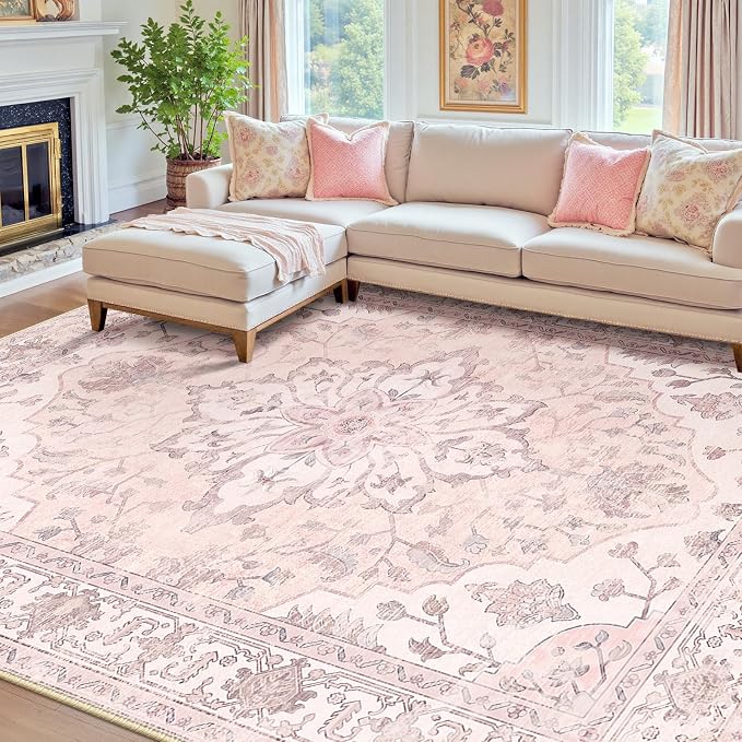 RELEANY Area Rugs 7'x10' Washable Non-Slip, Floral Vintage Distress Medallion by RELEANY