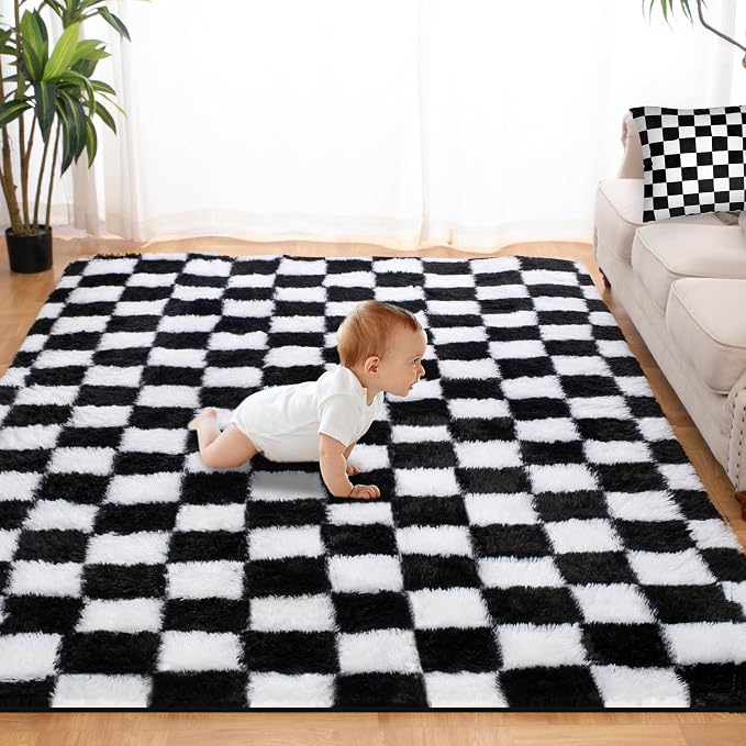 Super Soft Rug for Bedroom, 6x9 Ft Black and White Area Rug Classic Checkered by TOOHUB