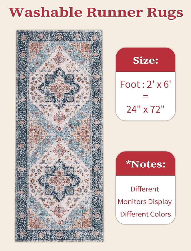 SERISSA Boho Washable Runner Rug, 2x6 Rug Non-Slip Vintage Blue Orange Hallway - Image 2