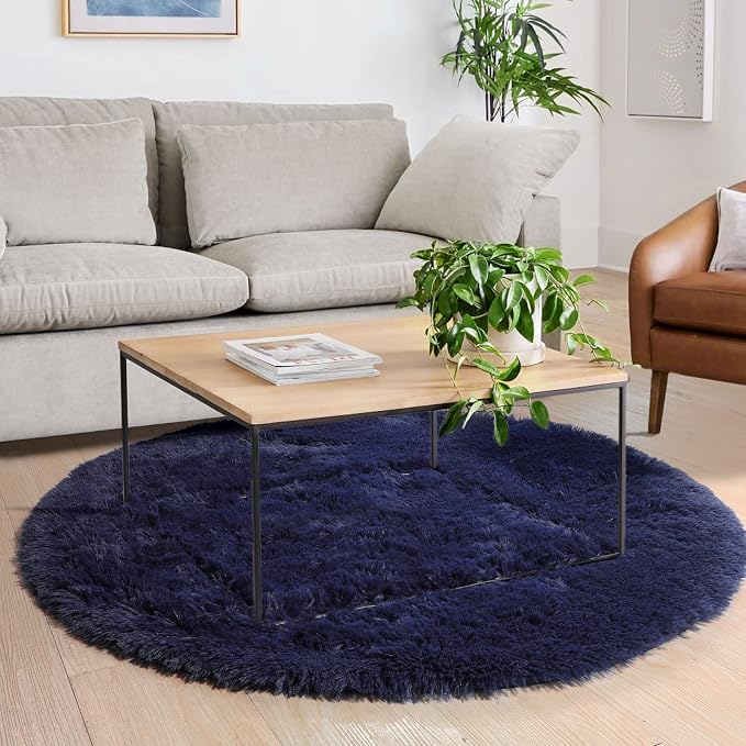 Dark Navy Round Rug 6Ft for Living Room Boys Bedroom, Fluffy Furry Fuzzy Plush - Image 3