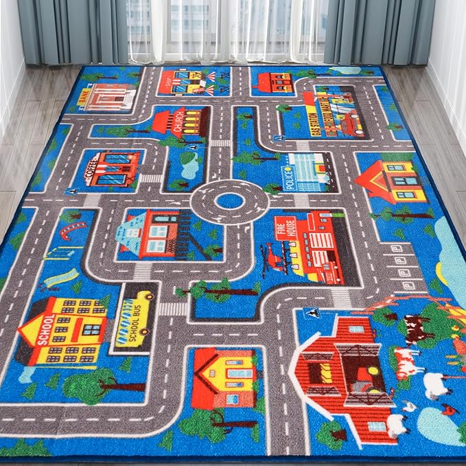 Kids Carpet Playmat Rug 110.2"x78.7", Car Rug by AKASISRUG