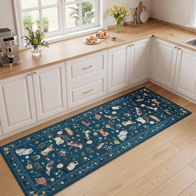 Unirea 2.6x8 Dark Blue Cat Runner Rug, Washable Non Slip Botanical Rug - Image 6