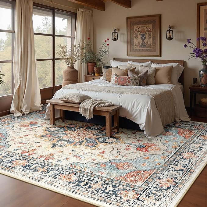 RELEANY Area Rugs Large 10'x12' Washable Non-Slip, Floral Vintage Distress - Image 2