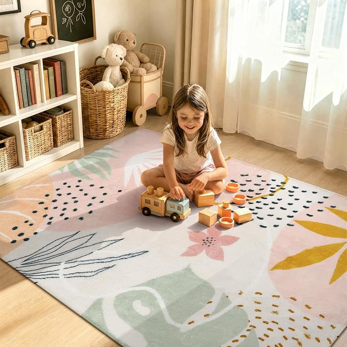 Lahome Pink Boho Nursery Rug 4x6, Washable Non Slip Soft Botanical Area Rug - Image 3