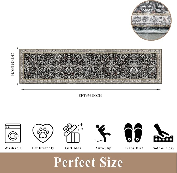 2x8ft Kitchen Rug Runners Washable Non Slip – Boho Floral Carpet Runner - Image 2