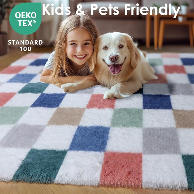 KICMOR Rugs for Living Room, 5x7 Fluffy Soft Colorful Checkered Shag Area Rug - Image 8