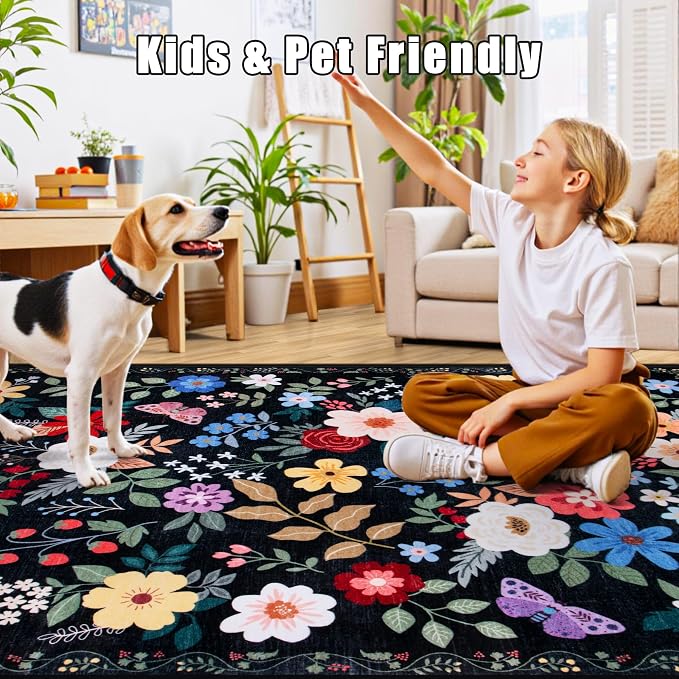 Area Rugs 9x12 Living Room: Floral Washable Rug Vintage Large Soft Boho - Image 7
