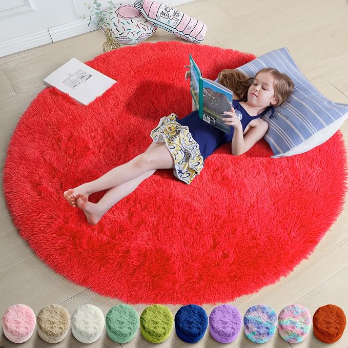 Red Small Round Rug 3Ft for Boys Bedroom, Fluffy Shag Circle Area Rugs for Kids by Amdrebio