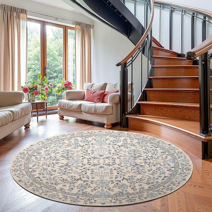 jinchan Zenith Round Rug 6ft Area Rug Soft 6'Round Vintage Floral Rug Non-Slip - Image 2