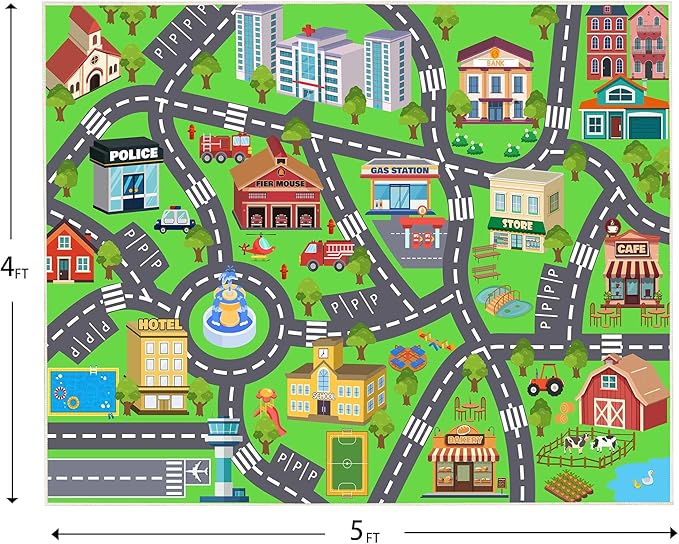 Kids Room Rug - Soft & Non-Slip 4x5 Ft Town Car Rugs City Map Play Mat - Image 2