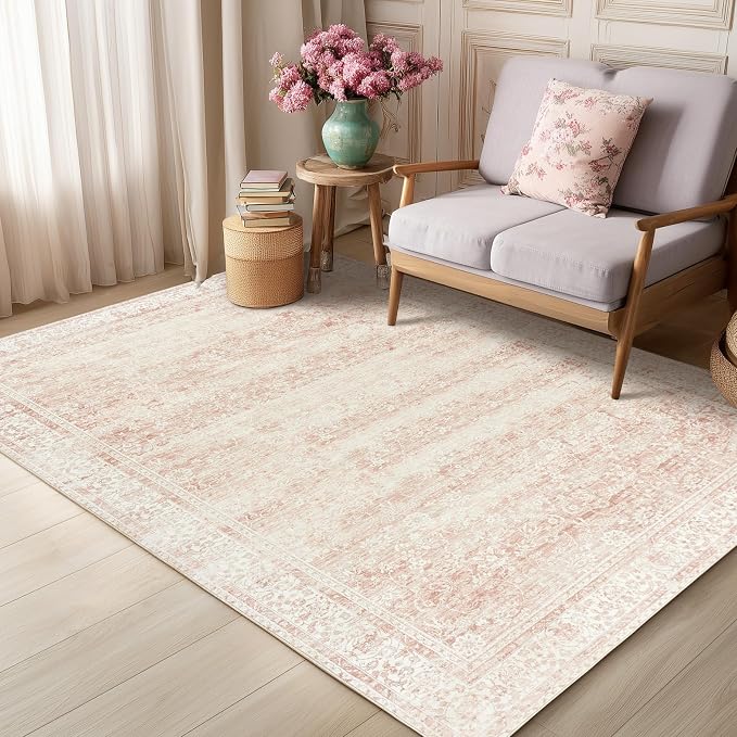 Pink Nursery Rug for Baby Girl 5 x 7 Neutral Blush Pink Boho Cute Floral - Image 6