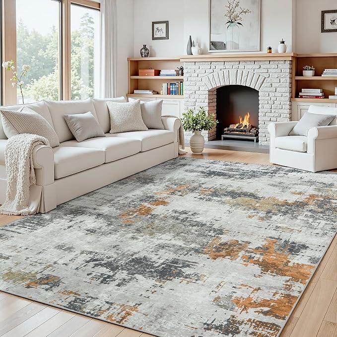 4x6 Area Rugs for Living Room Washable: Abstract Soft Thin Low Pile Grey Rug by Oriannal