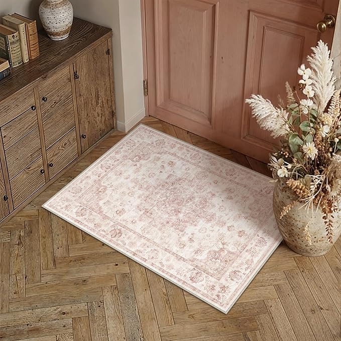 2x3 Washable Neutral Area Rug Pink Vintage Entryway Kitchen Carpet Non-Slip - Image 3