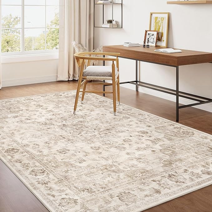 4x5 Washable Neutral Area Rug Beige Vintage Entryway Office Carpet Non-Slip by WondRg