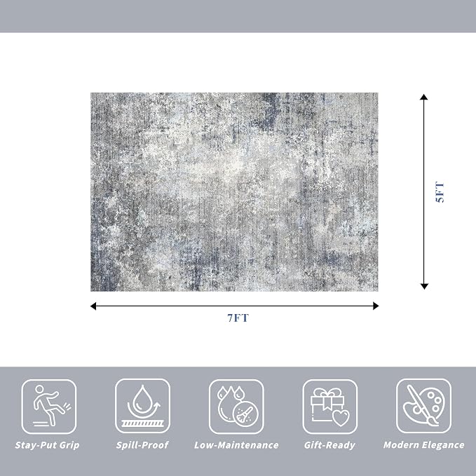 5x7 Washable Area Rug – Modern Neutral Abstract Rug - Image 2