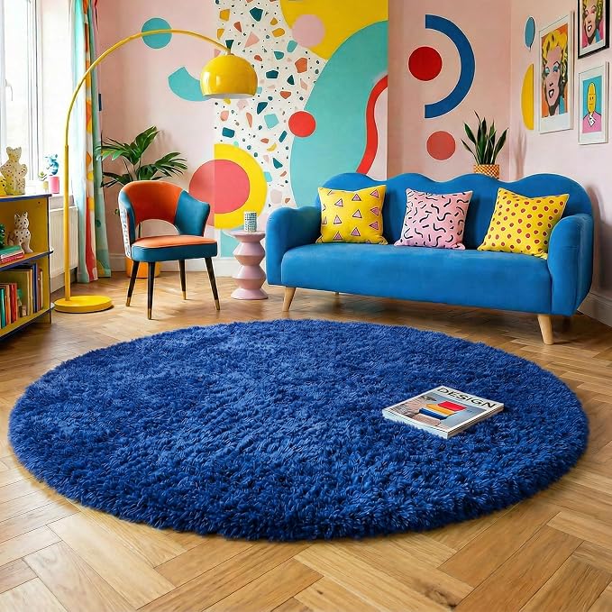 Navy Blue Round Rugs 5Ft for Boys Bedroom, Fluffy Circle Area Rug for Kids - Image 9