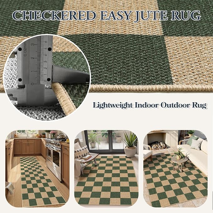 Lahome Colette Checkered Outdoor Runner Rug, 2x8 Green Kitchen Runner Rugs - Image 5