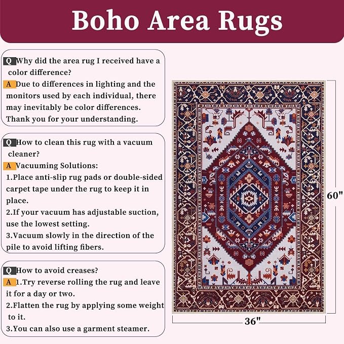 SERISSA Area Rug 3x5 Boho Rugs for Bedroom, Washable Non-Slip Living Room Rug - Image 2