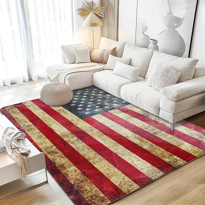 Vintage American Flag Area Rugs 5x7 Washable Area Rugs by SPUNKER