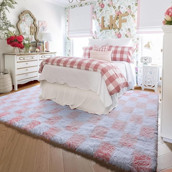 KICMOR 5x7 Area Rugs for Living Room, Fluffy Soft Light Pink and White - Image 3
