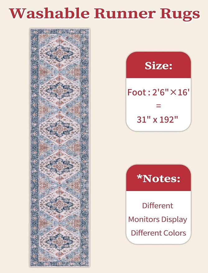 SERISSA Runner Rug for Hallways, Extra Long Boho Rug Ultra Soft Vintage Blue - Image 6