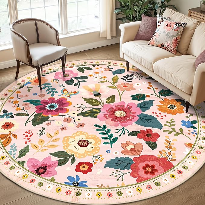 RELEANY Floral 8ft Area Rugs Washable Print Boho Cute Carpet Non Slip Flower by RELEANY
