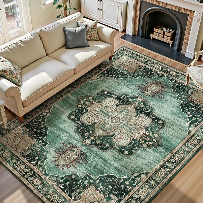 Lofus 8x10 Emerald Green Washable Rugs Non-Slip, Vintage Floral Area Rug by Lofus