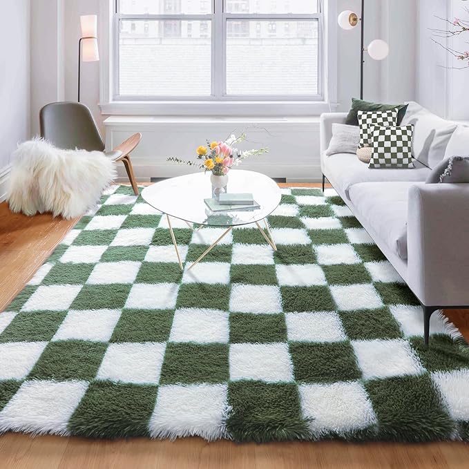 KICMOR Area Rug 5x7 for Living Room, Soft Fluffy Olive Green and White by KICMOR