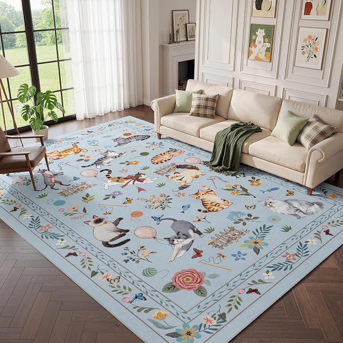 Unirea 9x12 Light Blue Grey Cat Area Rug by UNIREA