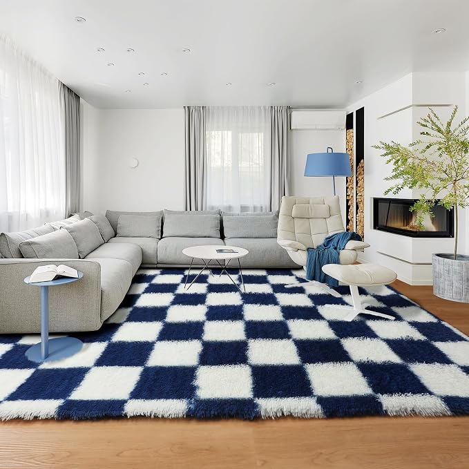 KICMOR Rugs for Living Room, Soft Fluffy Checkered Shag 5x8 Area Rug Large Big - Image 7
