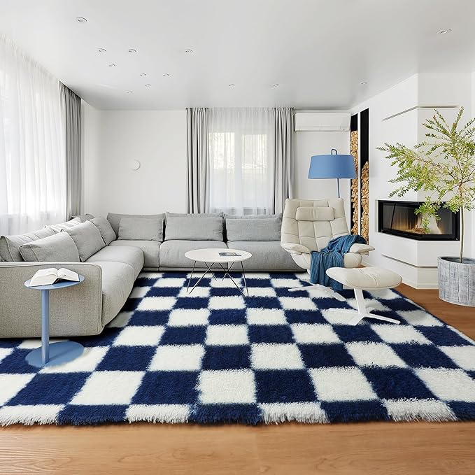 KICMOR Large Area Rug for Living Room 6x9, Big Fluffy Shag Fuzzy Navy Blue and - Image 5