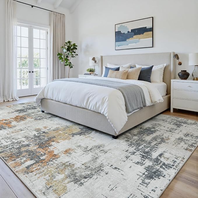 Area Rug 8x10 Living Room Rug Washable: No-Slip Abstract Soft Thin Large Grey - Image 5