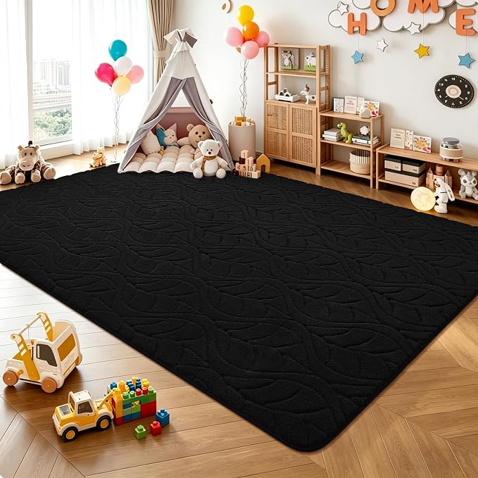 6x9 Black Washable Area Rug for Bedroom Living Room, Leaf Geometric Patter Shag - Image 4