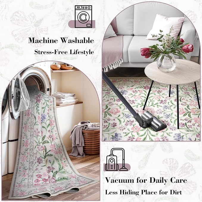 Wonnitar Floral Purple Rug for Bedroom, Washable 5x7 Area Rugs for Dorm - Image 7