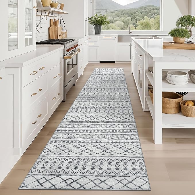 KUTA Hallway Runner Rug 2.6x12 Non-Slip Washable, Moroccan Vintage Beige Boho - Image 3
