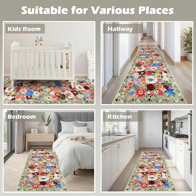Rug for Hallways Kitchen Runner 2x8 Green, Non Slip Washable Rugs - Image 3