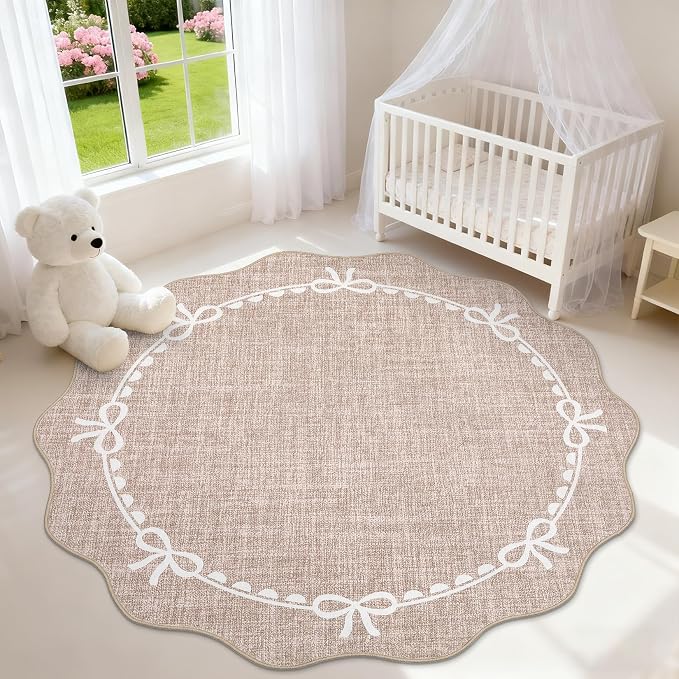 GarveeHome Scalloped Bow Rug for Living Room, 5ft Round Rugs Washable Solid by GarveeHome