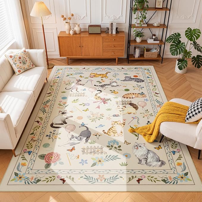 Unirea 4x6 Beige Cat Area Rug for Bedroom, Living Room, Medium Washable Kids Rug - Image 3