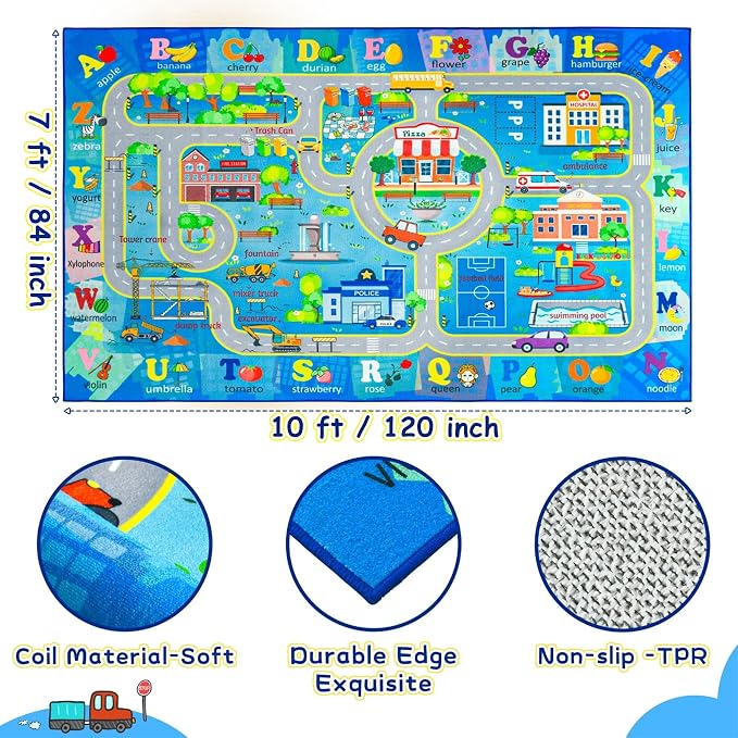 Chicrug 7x10 Car Road Area Rug for Kids Playroom Bedroom, Non Slip Low Pile - Image 3