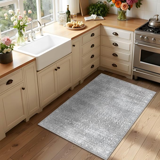 Latte&Fog 2x3 Entryway Rug, Small Vintage Grey Door Mat, Washable Kitchen Rug - Image 3