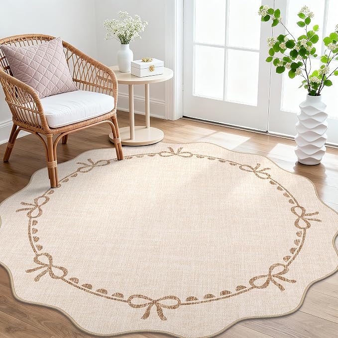 GarveeHome Scalloped Bow Rug for Living Room, 6ft Round Rugs Washable Solid by GarveeHome